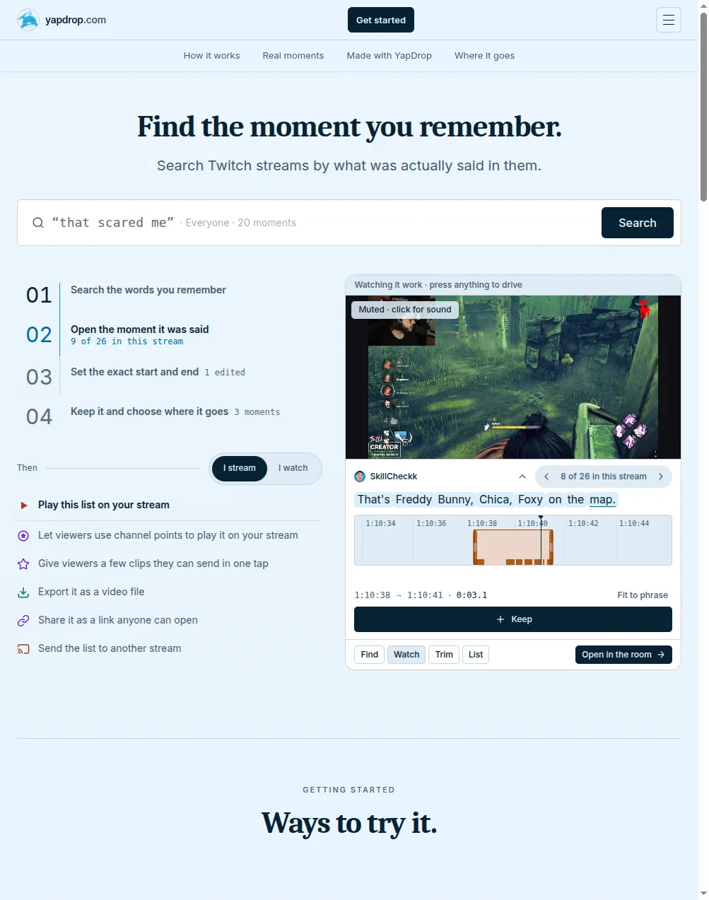 yapdrop.com, search Twitch streams by what was said